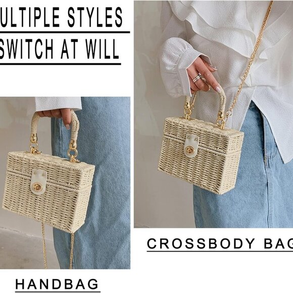 Women's Straw Bag Wicker Woven Basket Beach Purse Summer Purses Vacation Handbag - Picture 7 of 7